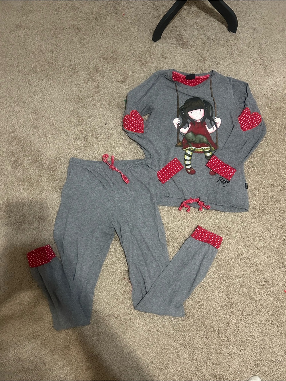 Women’s Gray Pajama Set with Red Polka Dot Accents and Graphic